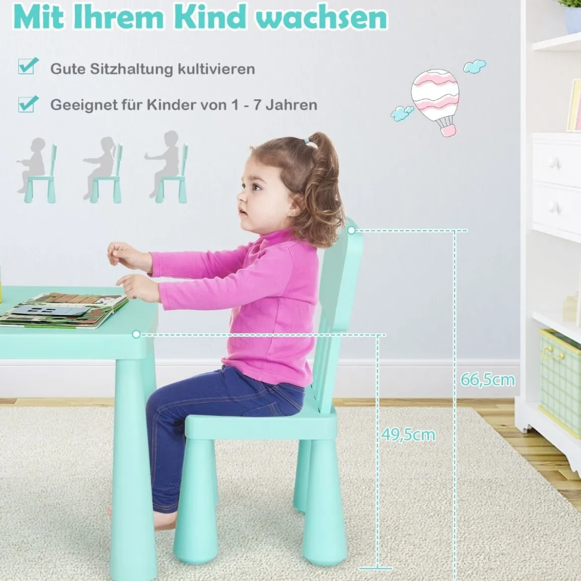 3 TLG. Kindersitzgruppe Kindertisch mit 2 Stühlen Kindermöbel aus Kunststoff Grün