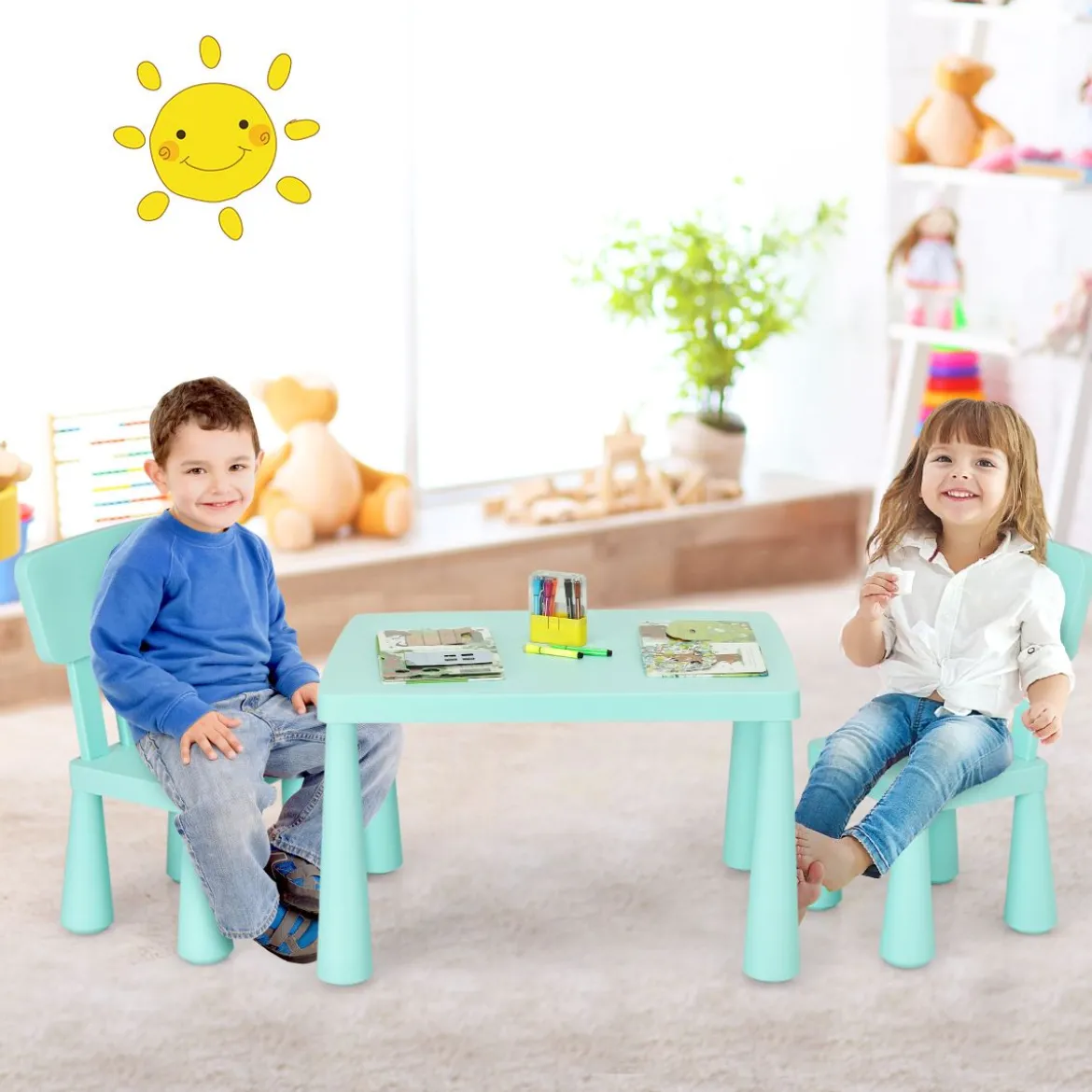 3 TLG. Kindersitzgruppe Kindertisch mit 2 Stühlen Kindermöbel aus Kunststoff Grün
