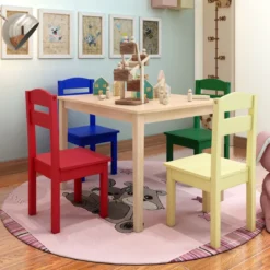 5 tlg. Kindersitzgruppe Kindertischgruppe Kindertisch mit 4 Stühlen Kiefer Farbig und Natur