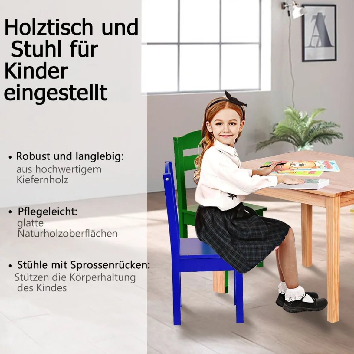 5 tlg. Kindersitzgruppe Kindertischgruppe Kindertisch mit 4 Stühlen Kiefer Farbig und Natur