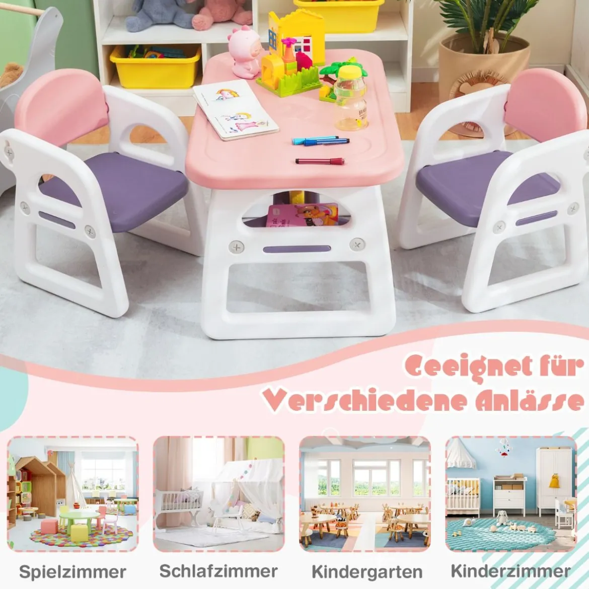 3tlg. Kindersitzgruppe mit Regal & Ablagefach zum Lesen für 1–5 Jahre Rosa & Lila