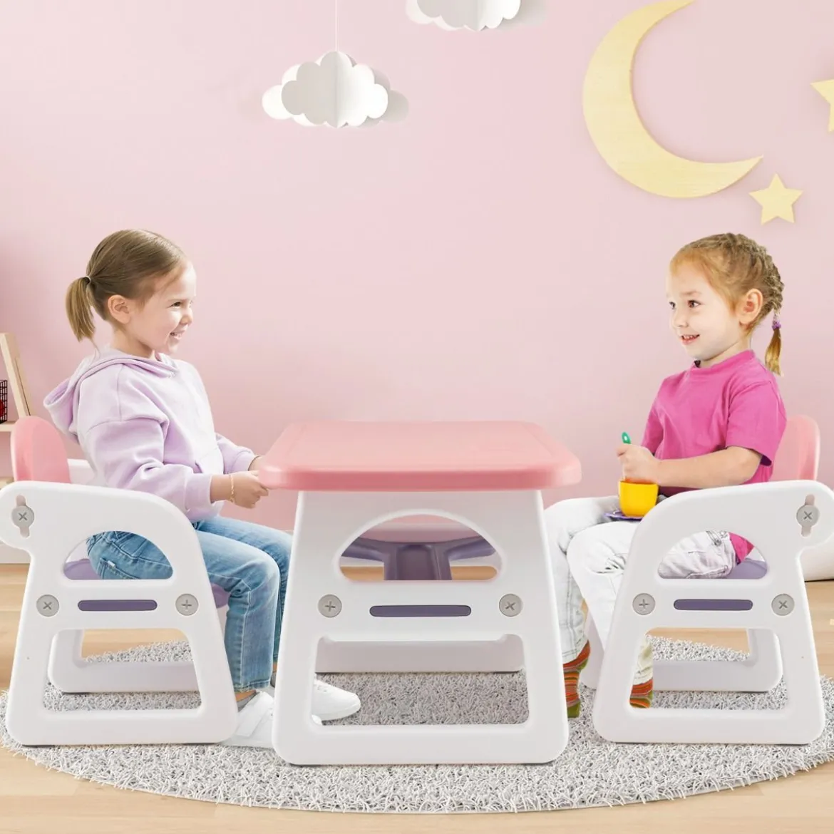3tlg. Kindersitzgruppe mit Regal & Ablagefach zum Lesen für 1–5 Jahre Rosa & Lila