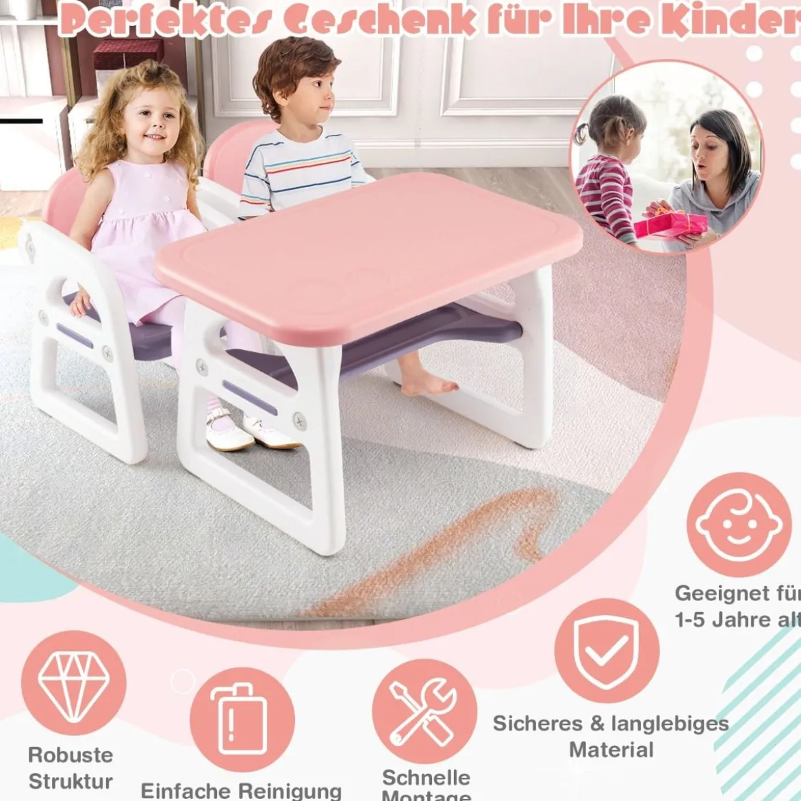 3tlg. Kindersitzgruppe mit Regal & Ablagefach zum Lesen für 1–5 Jahre Rosa & Lila