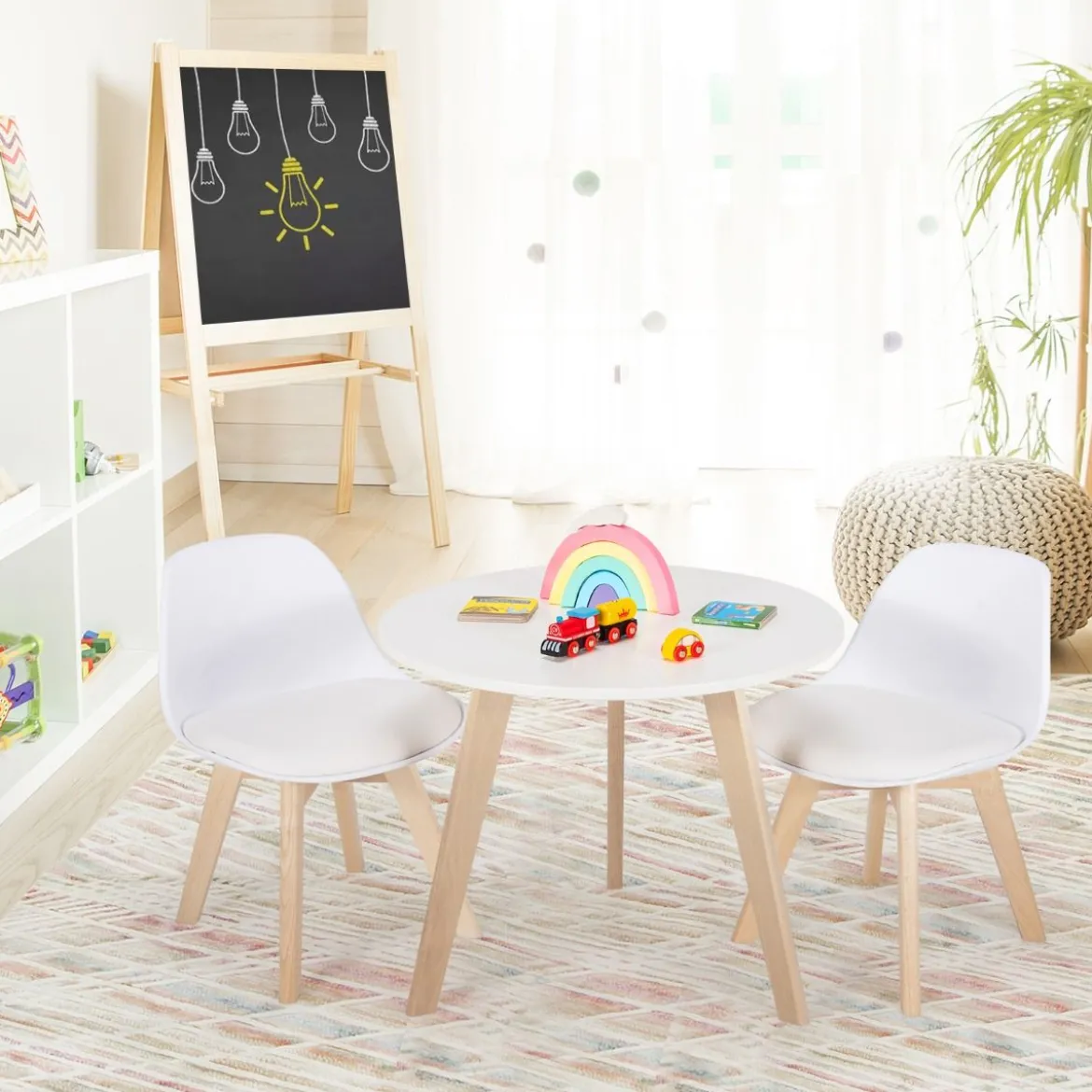 3 TLG. Kindersitzgruppe mit Runden Tisch & 2 Gepolsterten Stühlen für Kleinkinder von 3-8 J.