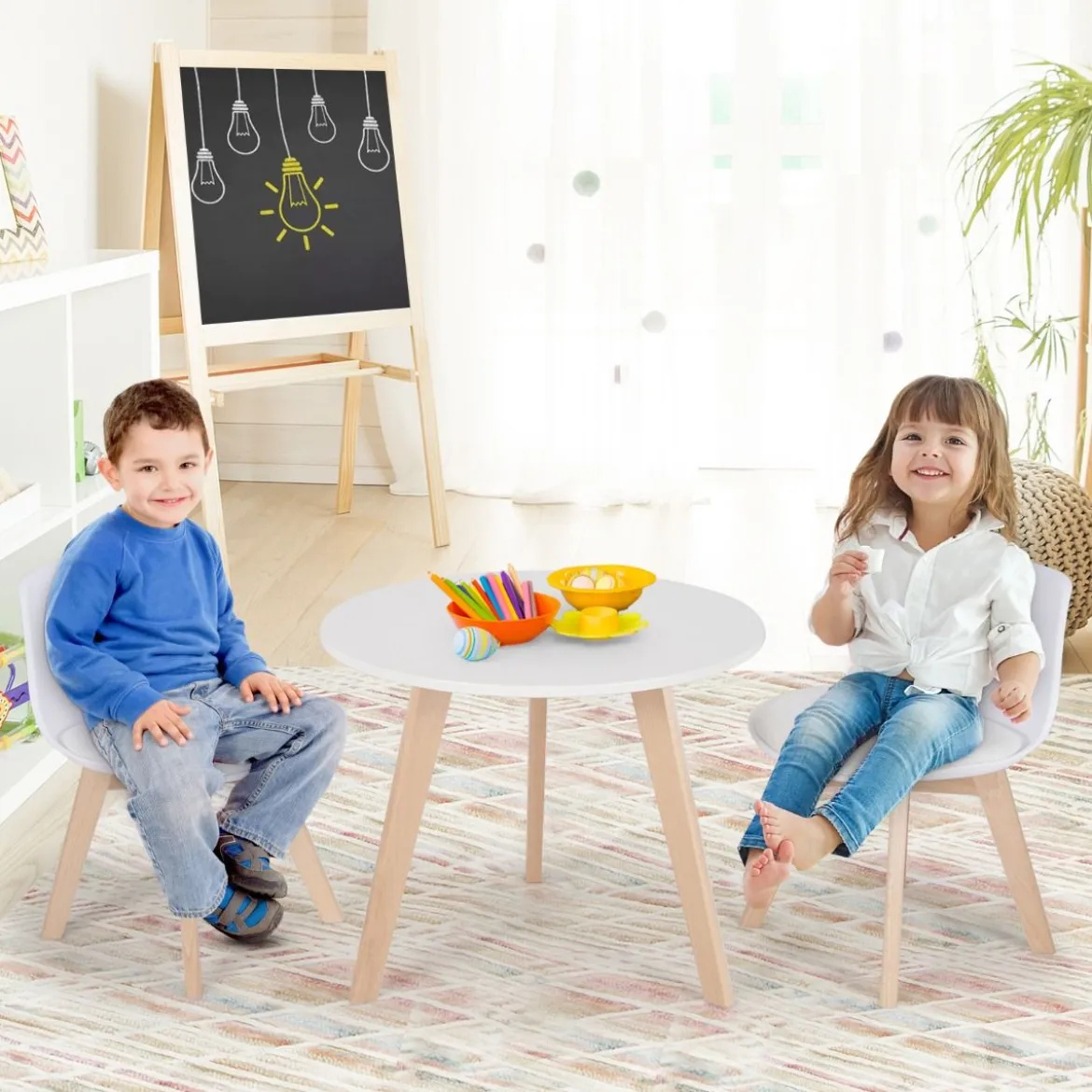 3 TLG. Kindersitzgruppe mit Runden Tisch & 2 Gepolsterten Stühlen für Kleinkinder von 3-8 J.
