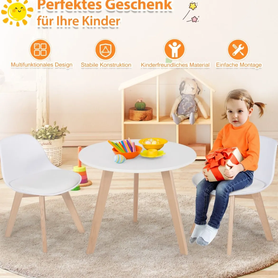 3 TLG. Kindersitzgruppe mit Runden Tisch & 2 Gepolsterten Stühlen für Kleinkinder von 3-8 J.