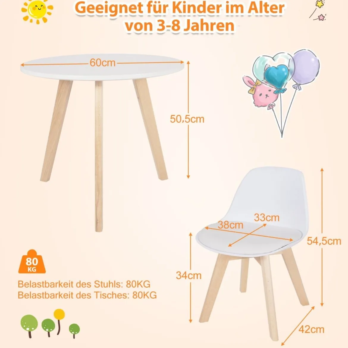 3 TLG. Kindersitzgruppe mit Runden Tisch & 2 Gepolsterten Stühlen für Kleinkinder von 3-8 J.