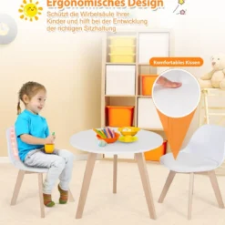 3 TLG. Kindersitzgruppe mit Runden Tisch & 2 Gepolsterten Stühlen für Kleinkinder von 3-8 J.