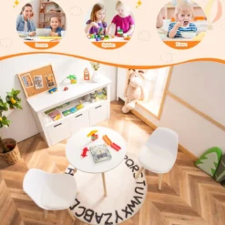 3 TLG. Kindersitzgruppe mit Runden Tisch & 2 Gepolsterten Stühlen für Kleinkinder von 3-8 J.