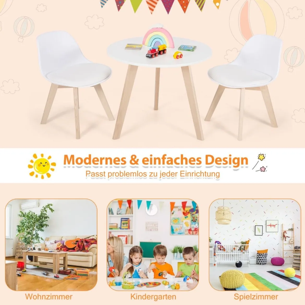 3 TLG. Kindersitzgruppe mit Runden Tisch & 2 Gepolsterten Stühlen für Kleinkinder von 3-8 J.