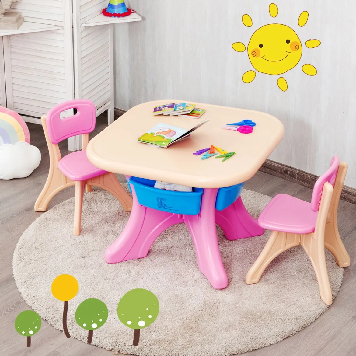 3tlg. Kindersitzgruppe Sitzgruppe Kindertisch&2 Kinderstühlen Aufbewahrungsboxen Rosa