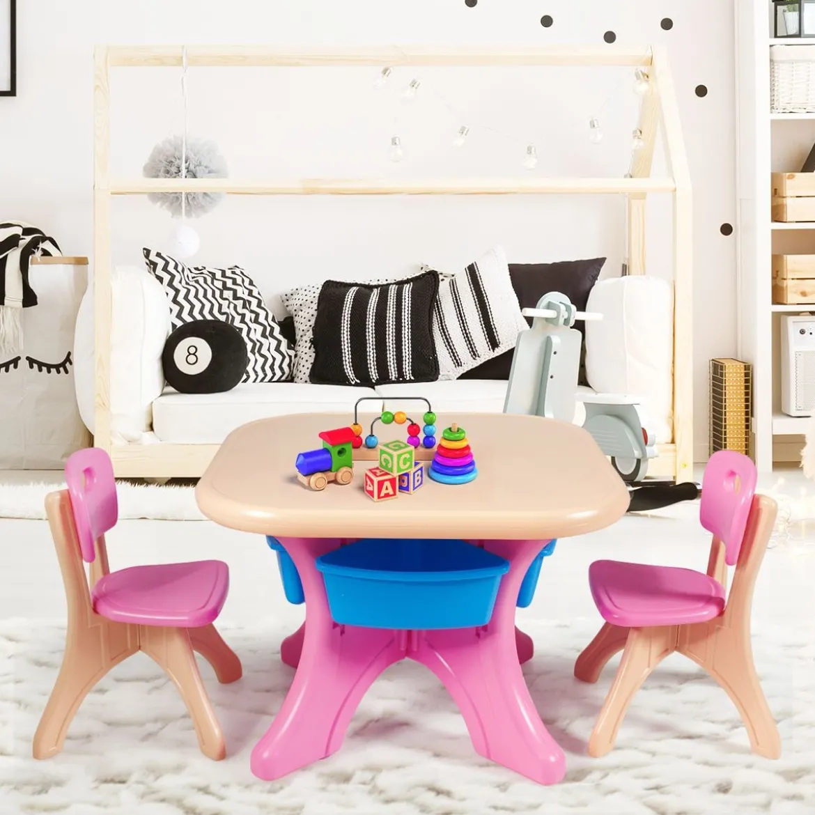 3tlg. Kindersitzgruppe Sitzgruppe Kindertisch&2 Kinderstühlen Aufbewahrungsboxen Rosa