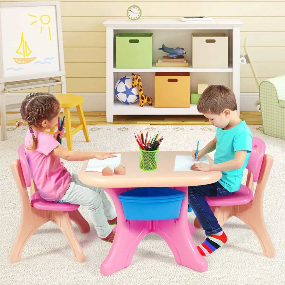 3tlg. Kindersitzgruppe Sitzgruppe Kindertisch&2 Kinderstühlen Aufbewahrungsboxen Rosa