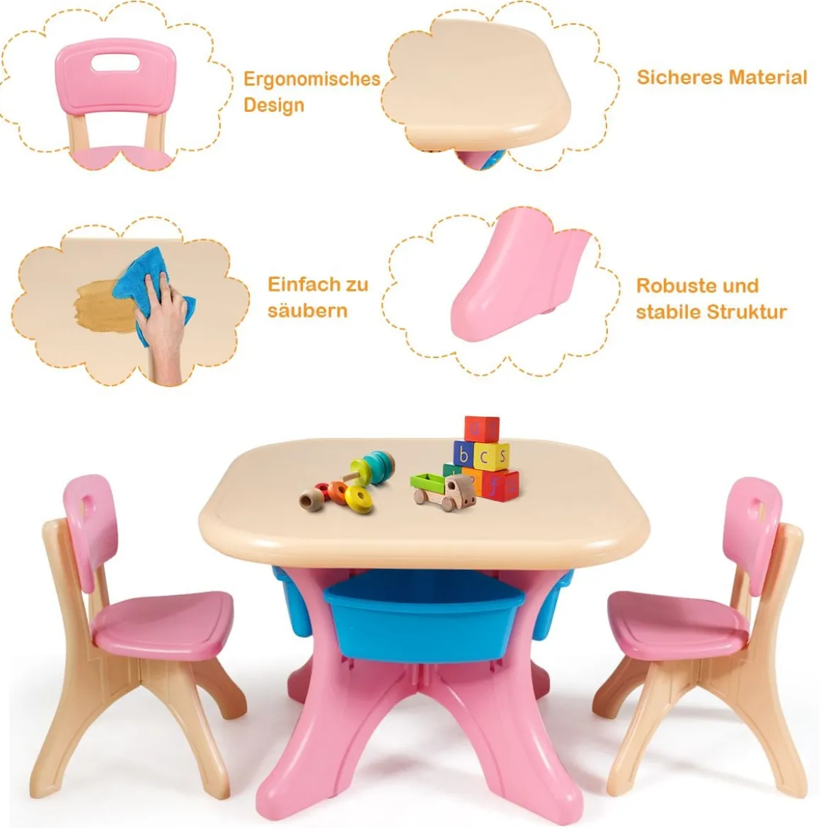 3tlg. Kindersitzgruppe Sitzgruppe Kindertisch&2 Kinderstühlen Aufbewahrungsboxen Rosa