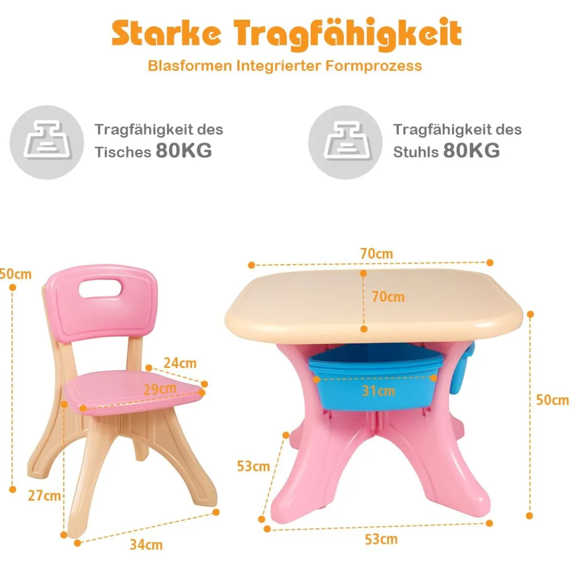 3tlg. Kindersitzgruppe Sitzgruppe Kindertisch&2 Kinderstühlen Aufbewahrungsboxen Rosa