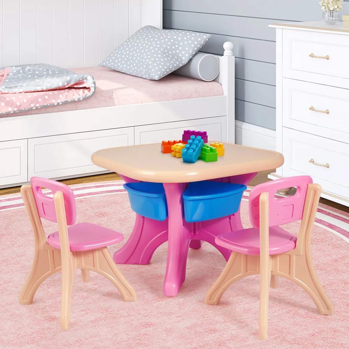 3tlg. Kindersitzgruppe Sitzgruppe Kindertisch&2 Kinderstühlen Aufbewahrungsboxen Rosa