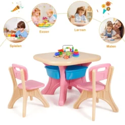 3tlg. Kindersitzgruppe Sitzgruppe Kindertisch&2 Kinderstühlen Aufbewahrungsboxen Rosa