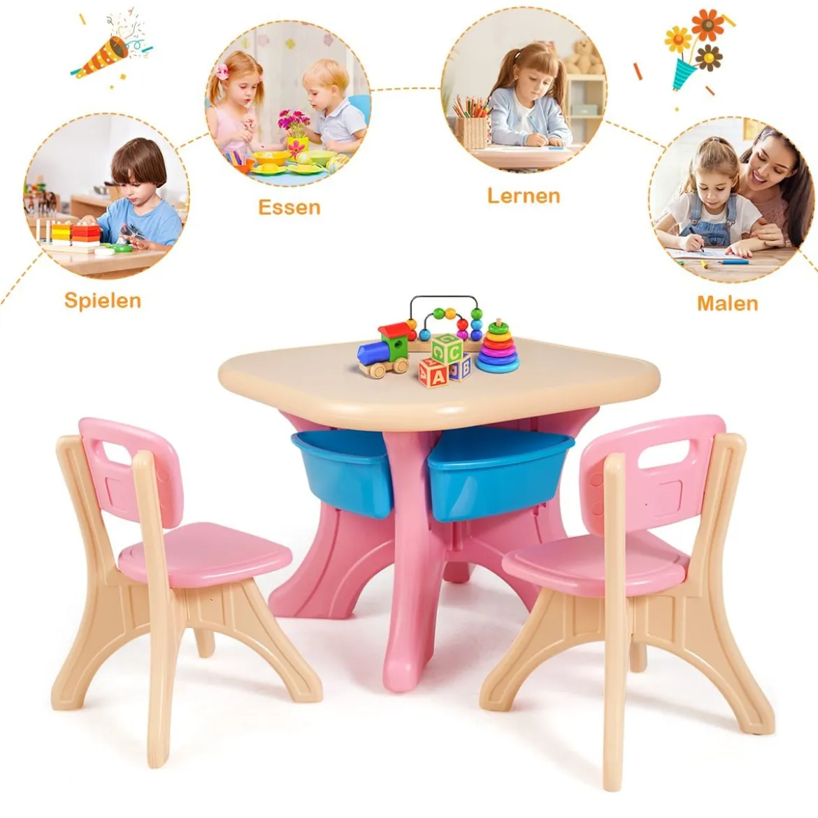 3tlg. Kindersitzgruppe Sitzgruppe Kindertisch&2 Kinderstühlen Aufbewahrungsboxen Rosa