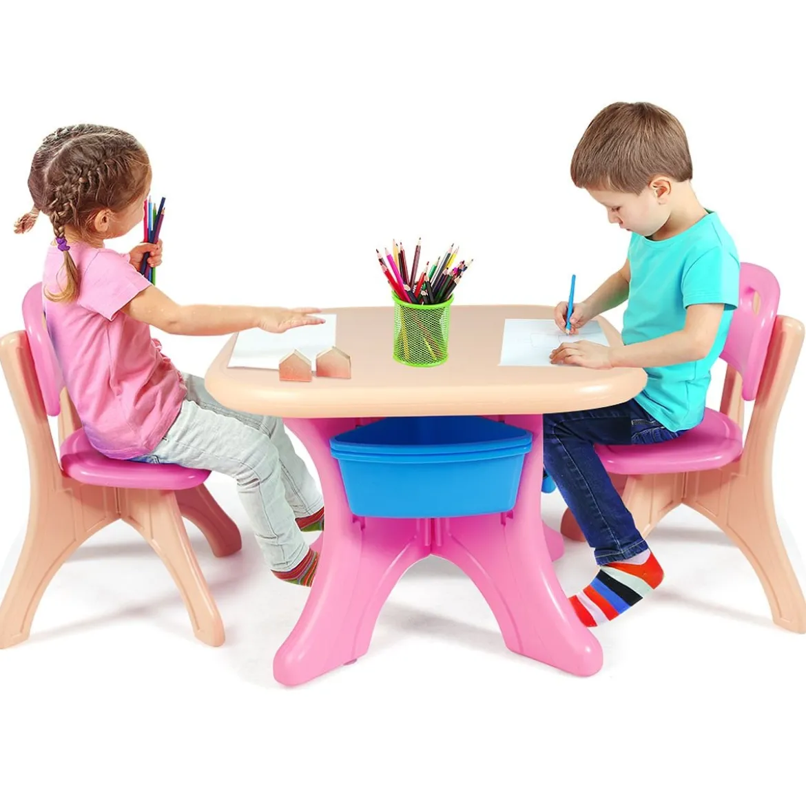3tlg. Kindersitzgruppe Sitzgruppe Kindertisch&2 Kinderstühlen Aufbewahrungsboxen Rosa