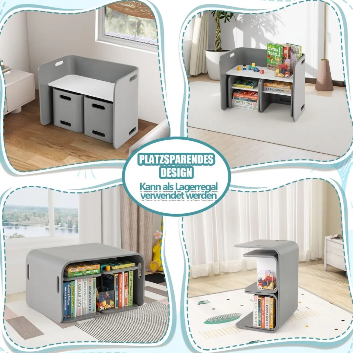 3 tlg. Kindertisch Stühle Set Kindersitzgrupppe Holz Kindermöbel Lerntisch Natur/Grau