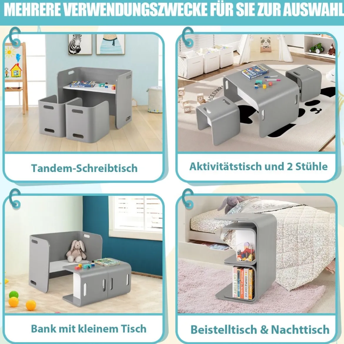 3 tlg. Kindertisch Stühle Set Kindersitzgrupppe Holz Kindermöbel Lerntisch Natur/Grau
