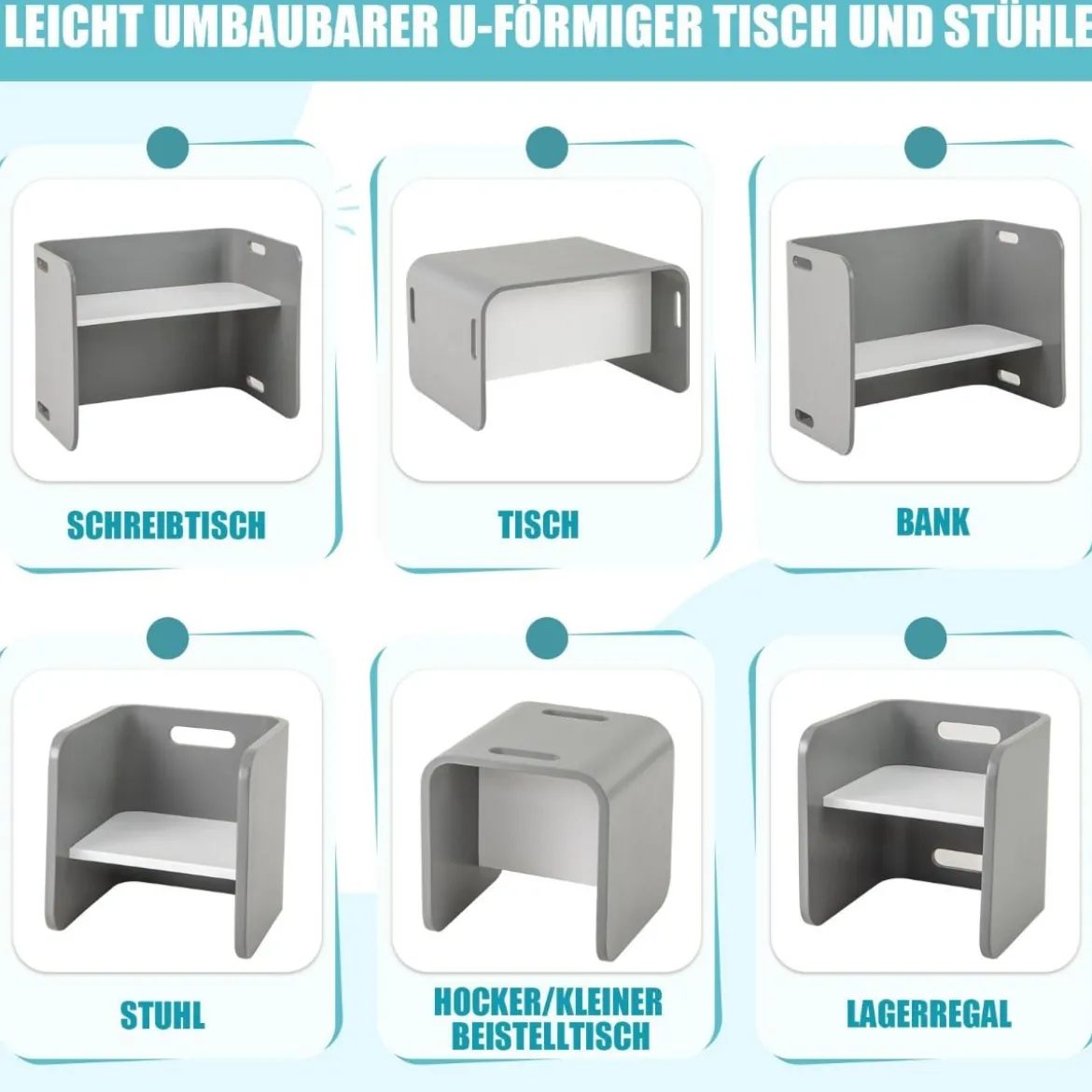 3 tlg. Kindertisch Stühle Set Kindersitzgrupppe Holz Kindermöbel Lerntisch Natur/Grau