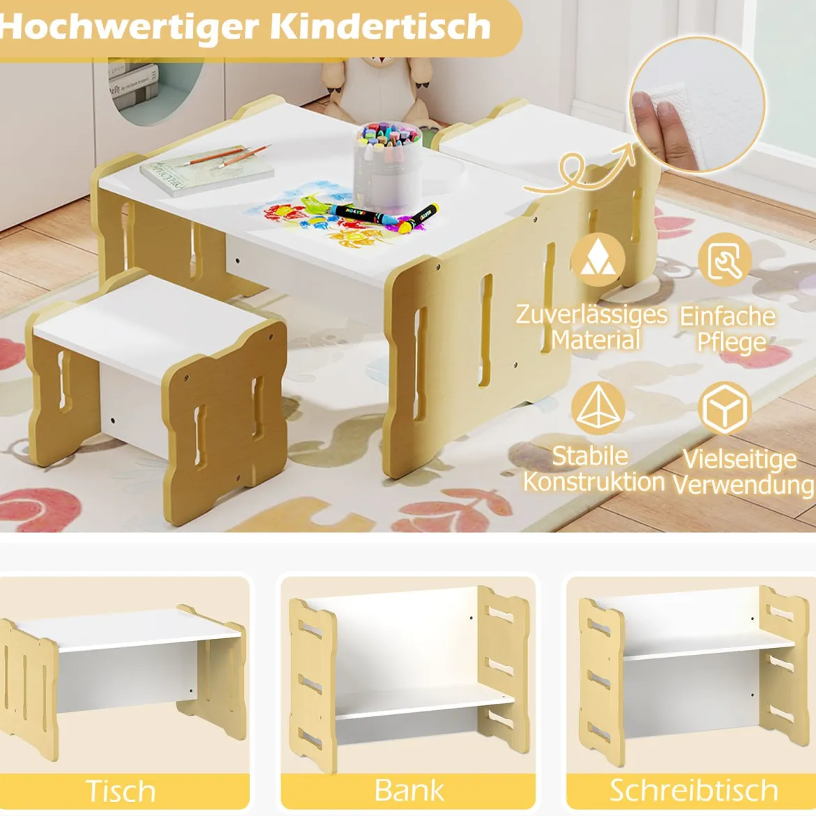 3 TLG. Kinder Tisch- & Stuhlset mit 2 Hockern & Aktivitätentisch Abgerundete Ecken Design Natur