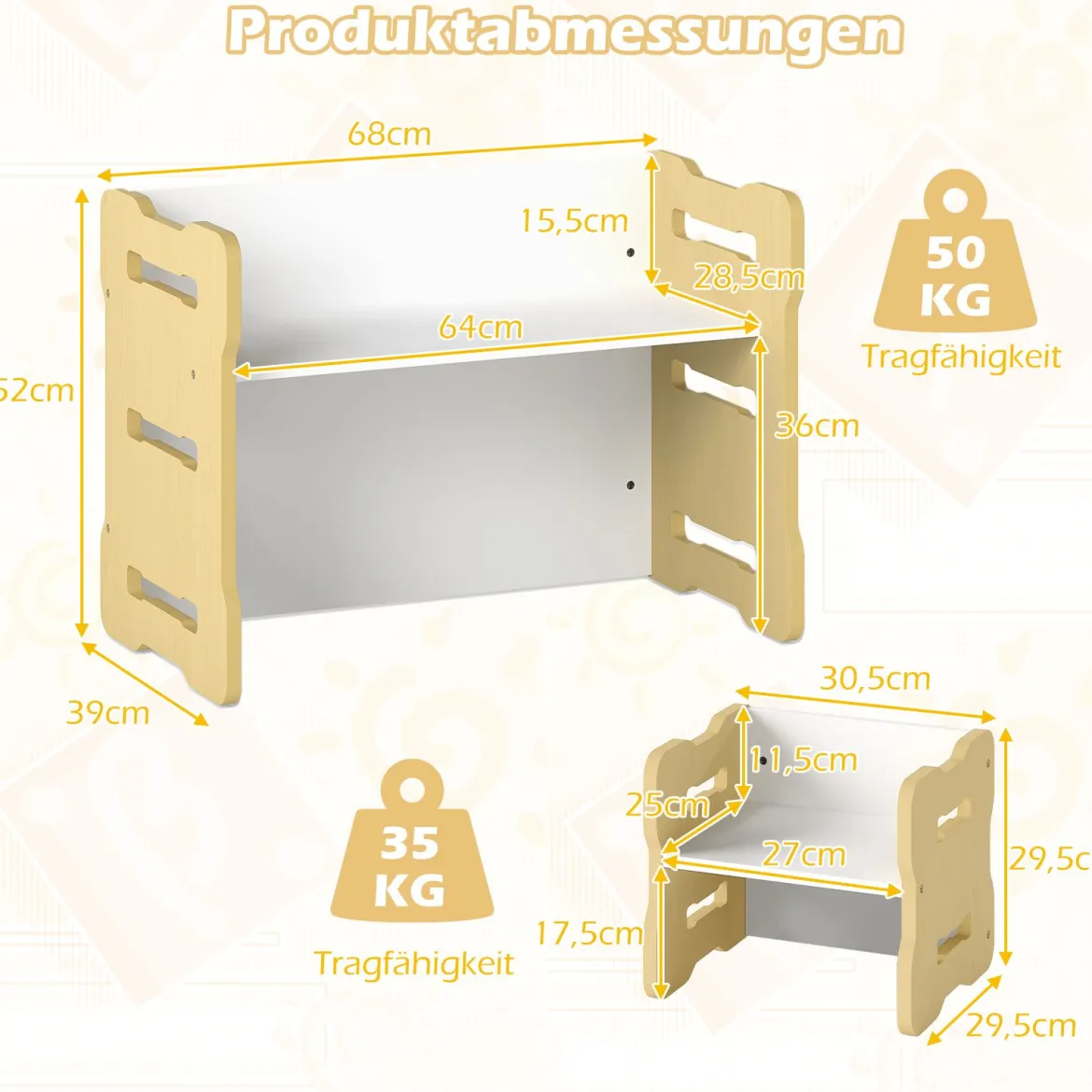 3 TLG. Kinder Tisch- & Stuhlset mit 2 Hockern & Aktivitätentisch Abgerundete Ecken Design Natur
