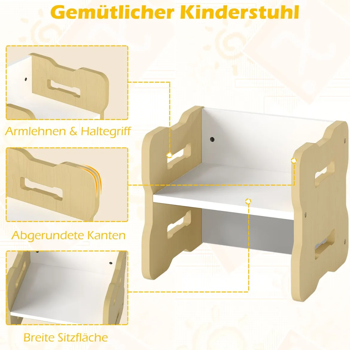 3 TLG. Kinder Tisch- & Stuhlset mit 2 Hockern & Aktivitätentisch Abgerundete Ecken Design Natur