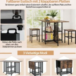 3tlg. Klappbares Esstisch-Set Ausziehbarer Esstisch mit 2 Hockern & 2 Netz Aufbewahrungsregale