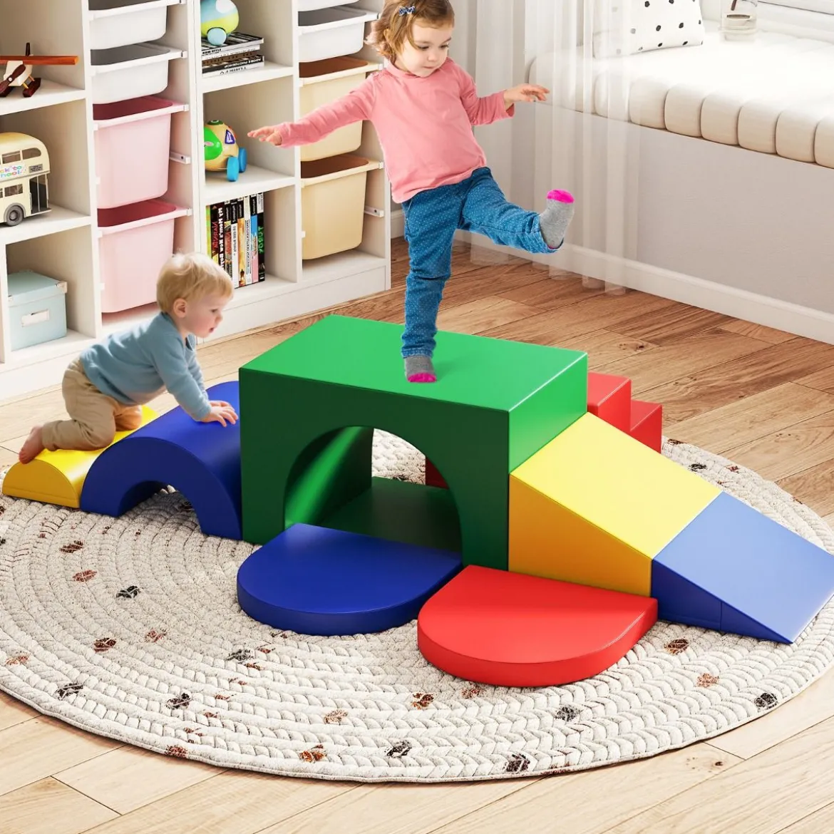 7 tlg. Kletterblock-Set aus Schaumstoff Weiches Spiel-Gym aus PU-Leder Kletterstruktur Bunt