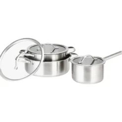 3 tlg Kochgeschirr Set Rostfrei Kochset Kochtöpfe mit Glasdeckel Edelstahl Silbrig