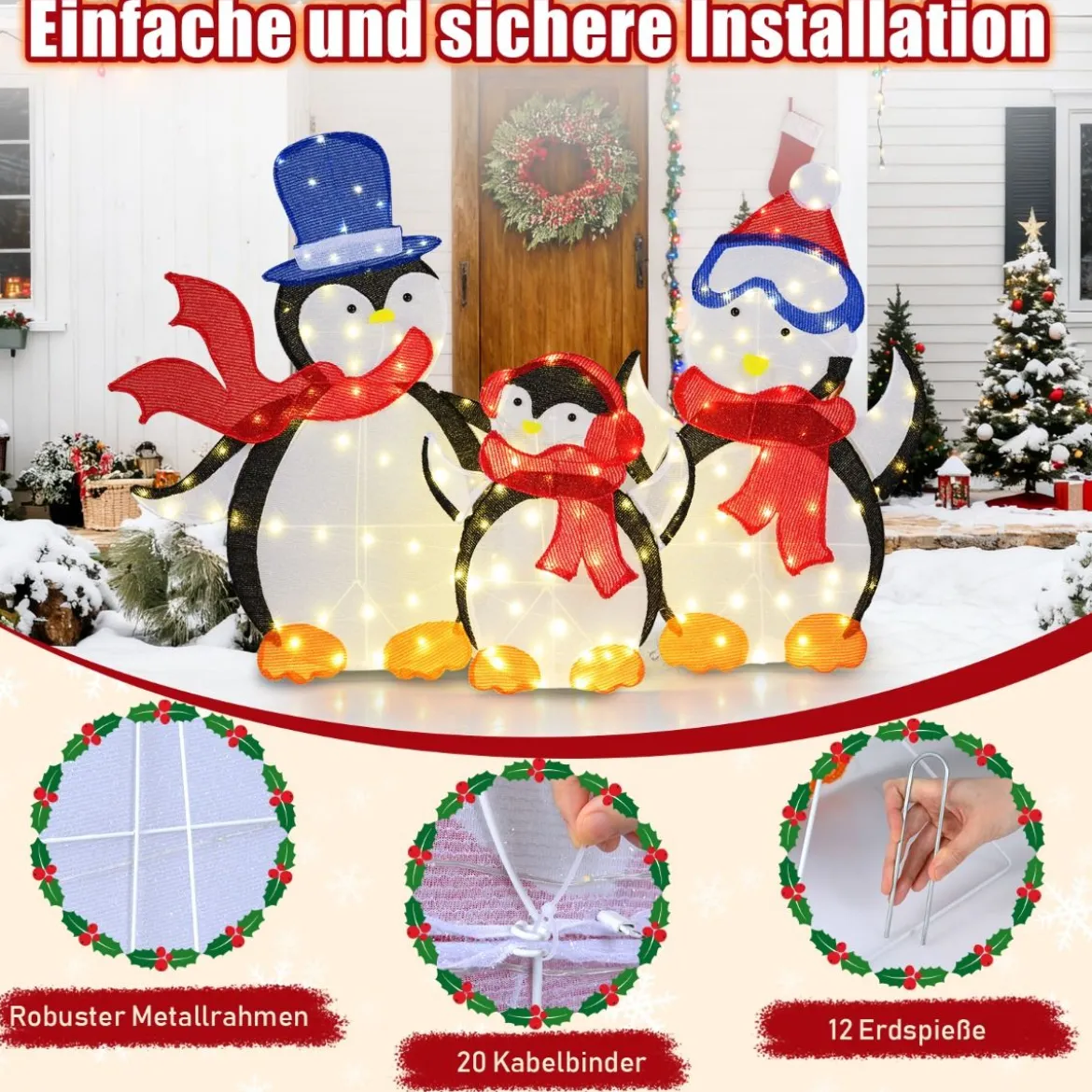 3 tlg. LED Pinguin Familie mit 160 Warmweißen LED-Lichtern & Schals Beleuchtete Weihnachtsdeko