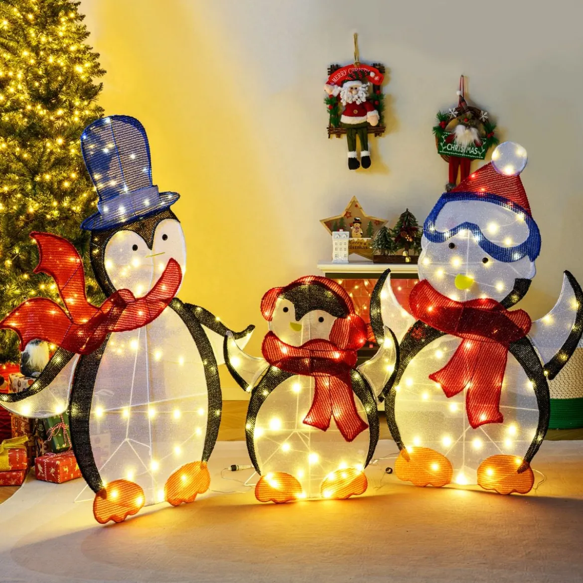3 tlg. LED Pinguin Familie mit 160 Warmweißen LED-Lichtern & Schals Beleuchtete Weihnachtsdeko