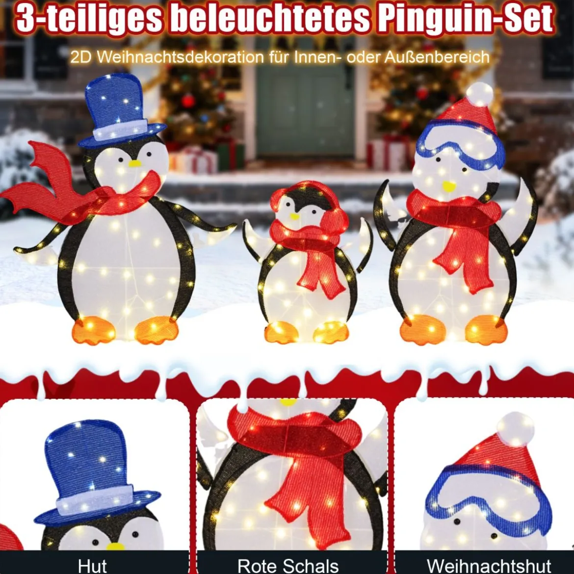 3 tlg. LED Pinguin Familie mit 160 Warmweißen LED-Lichtern & Schals Beleuchtete Weihnachtsdeko