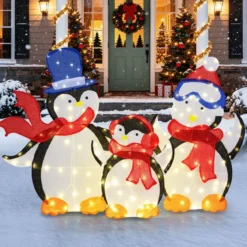 3 tlg. LED Pinguin Familie mit 160 Warmweißen LED-Lichtern & Schals Beleuchtete Weihnachtsdeko