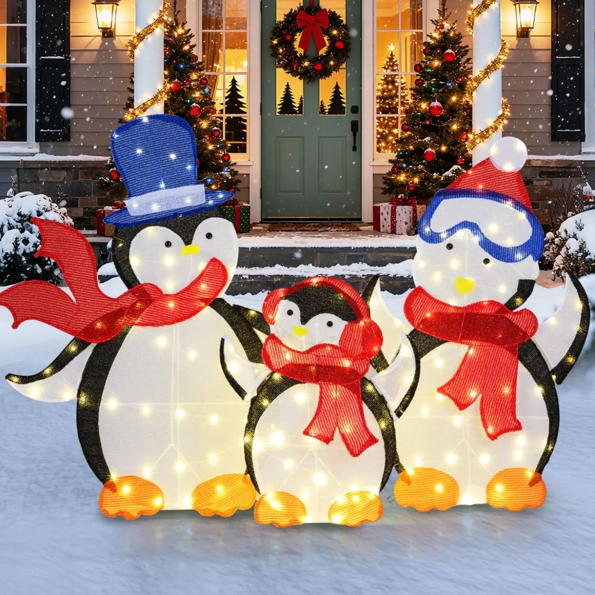 3 tlg. LED Pinguin Familie mit 160 Warmweißen LED-Lichtern & Schals Beleuchtete Weihnachtsdeko