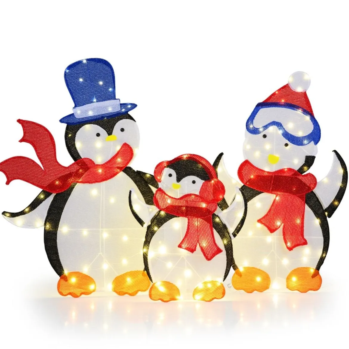 3 tlg. LED Pinguin Familie mit 160 Warmweißen LED-Lichtern & Schals Beleuchtete Weihnachtsdeko
