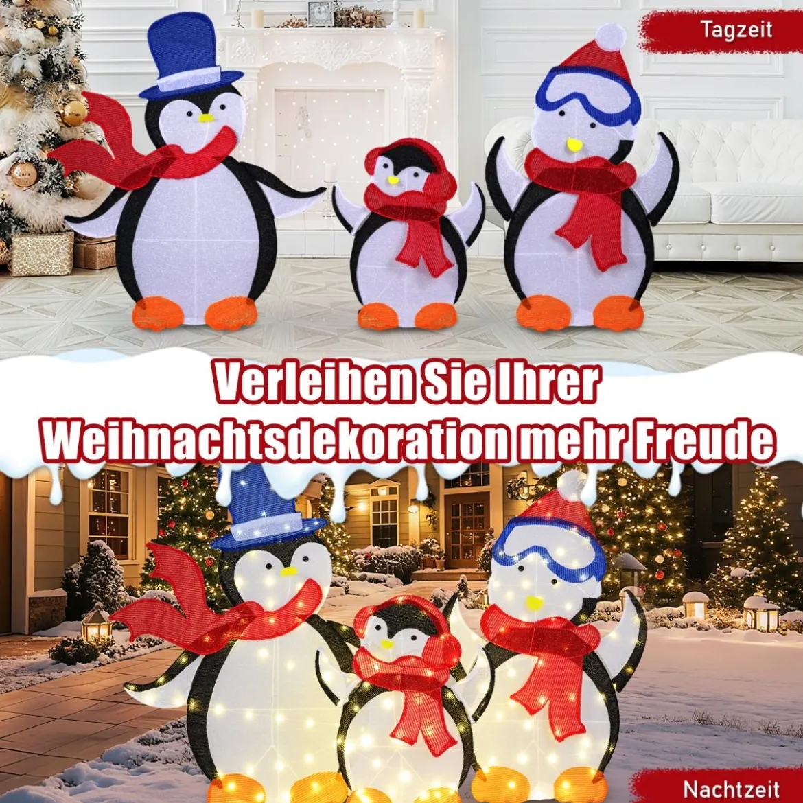 3 tlg. LED Pinguin Familie mit 160 Warmweißen LED-Lichtern & Schals Beleuchtete Weihnachtsdeko
