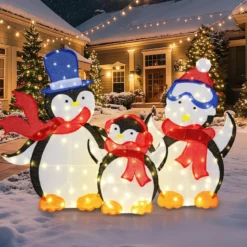 3 tlg. LED Pinguin Familie mit 160 Warmweißen LED-Lichtern & Schals Beleuchtete Weihnachtsdeko