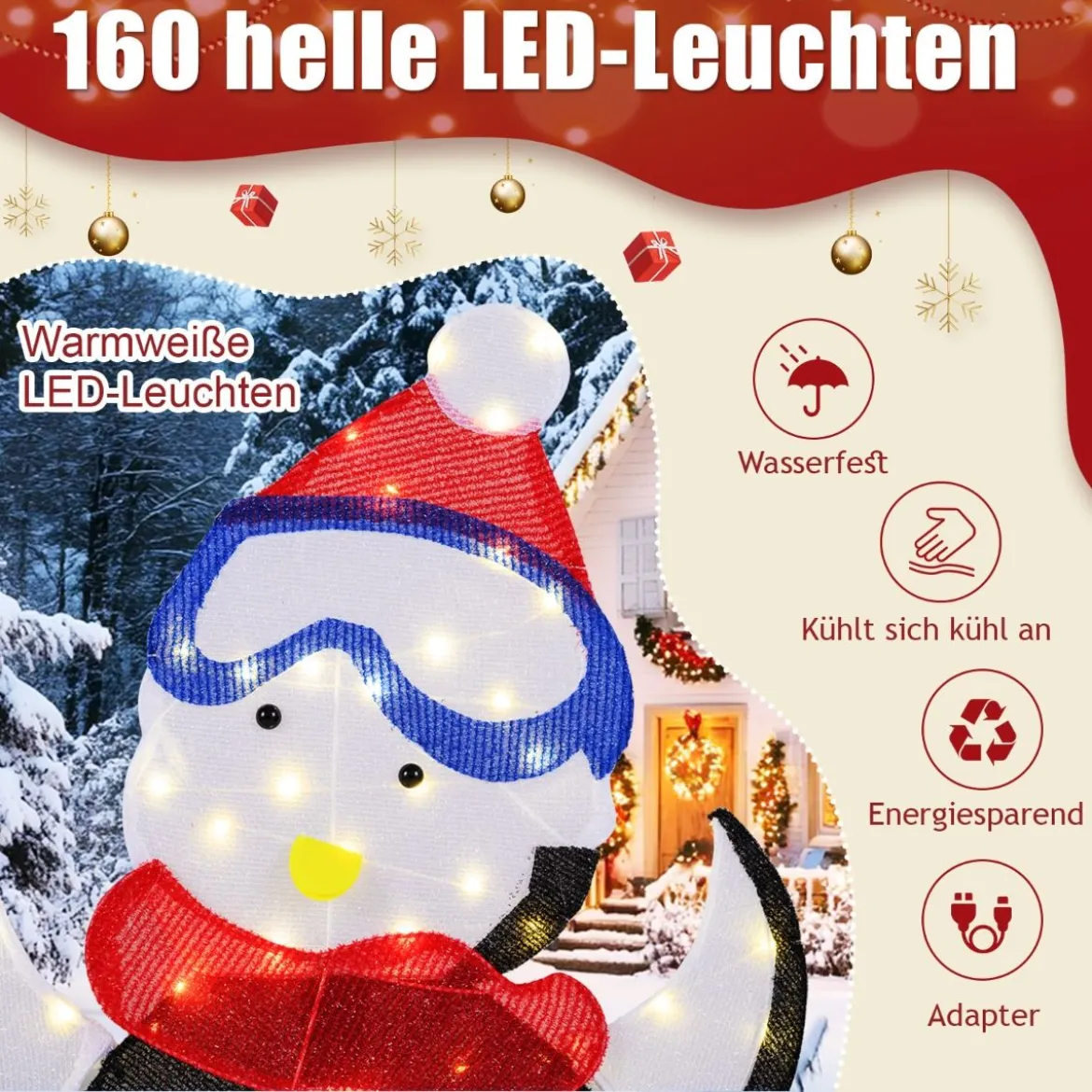 3 tlg. LED Pinguin Familie mit 160 Warmweißen LED-Lichtern & Schals Beleuchtete Weihnachtsdeko