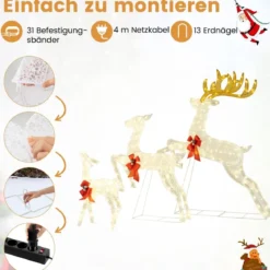 3 tlg. LED Rentier Familie mit 330 Warmweißen Lichtern & Schleifen XXL Beleuchtete Weihnachtsdeko