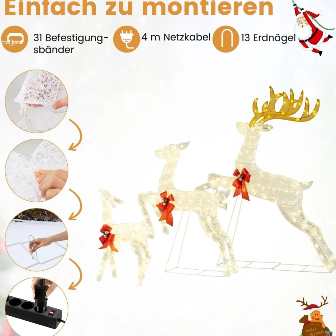 3 tlg. LED Rentier Familie mit 330 Warmweißen Lichtern & Schleifen XXL Beleuchtete Weihnachtsdeko