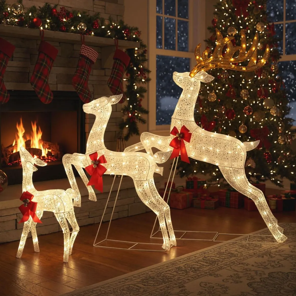 3 tlg. LED Rentier Familie mit 330 Warmweißen Lichtern & Schleifen XXL Beleuchtete Weihnachtsdeko