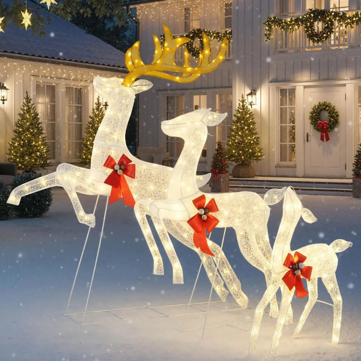 3 tlg. LED Rentier Familie mit 330 Warmweißen Lichtern & Schleifen XXL Beleuchtete Weihnachtsdeko