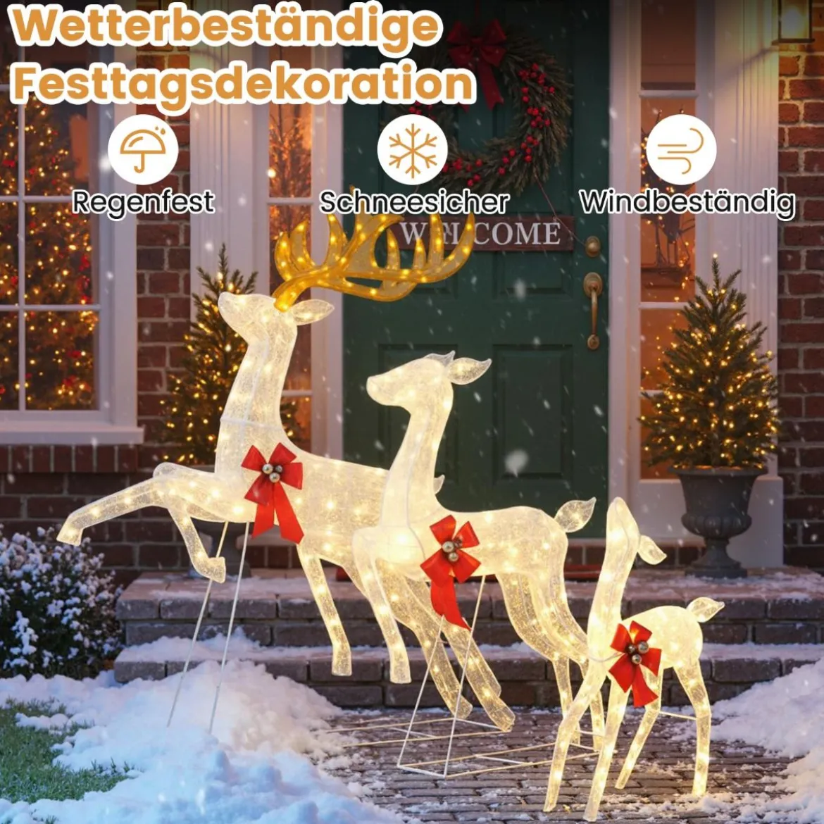 3 tlg. LED Rentier Familie mit 330 Warmweißen Lichtern & Schleifen XXL Beleuchtete Weihnachtsdeko