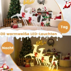 3 tlg. LED Rentier Familie mit 330 Warmweißen Lichtern & Schleifen XXL Beleuchtete Weihnachtsdeko