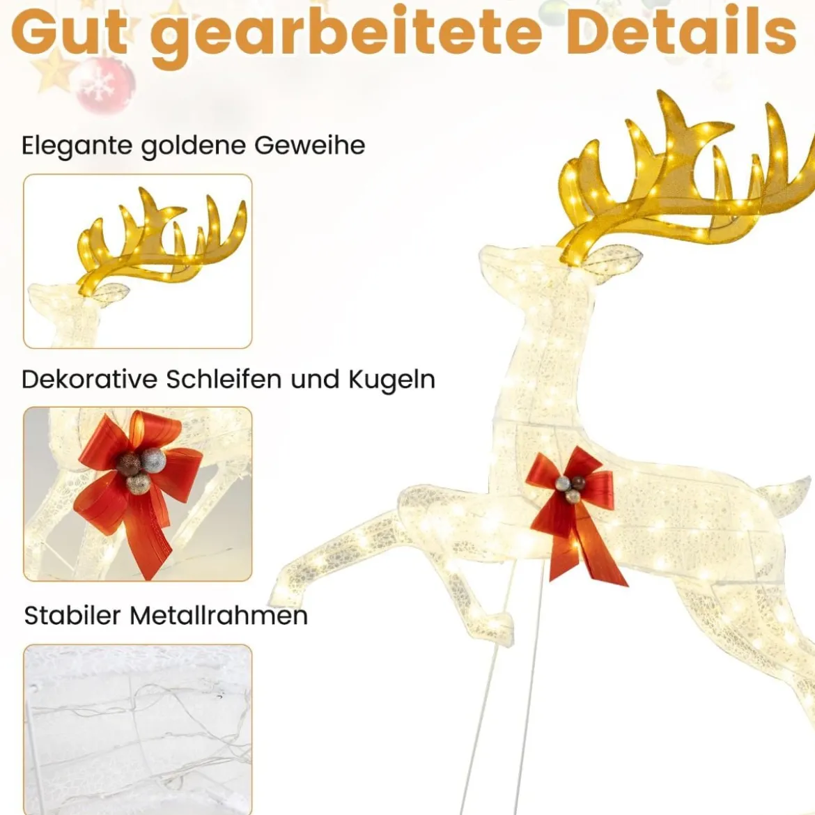 3 tlg. LED Rentier Familie mit 330 Warmweißen Lichtern & Schleifen XXL Beleuchtete Weihnachtsdeko