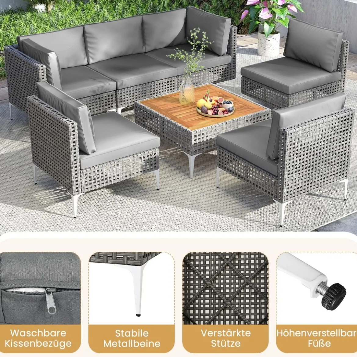 7-TLG Lounge Möbel Outdoor Rattan Gartenlounge mit Tisch und Kissen frei kombinierbar Gartenmöbel Set