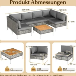 7-TLG Lounge Möbel Outdoor Rattan Gartenlounge mit Tisch und Kissen frei kombinierbar Gartenmöbel Set